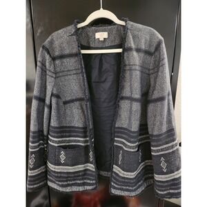 Ann Taylor Loft boucle style jacket, open front fringe trim Navy medium